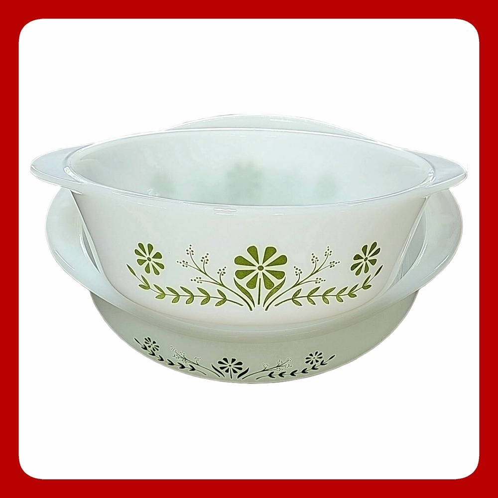 Vintage Glasbake Green Daisy Milk Glass Round Casserole Set 2pc 1.5qt Retro Cook